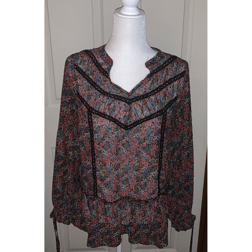 Matilda Jane Size Small Black Multicolor Floral Long Sleeve Boho Blouse Women